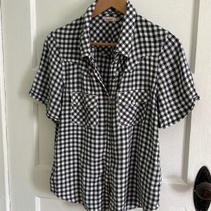 Womens short sleeve summer shirt Faherty LG navy and white check pearl buttons